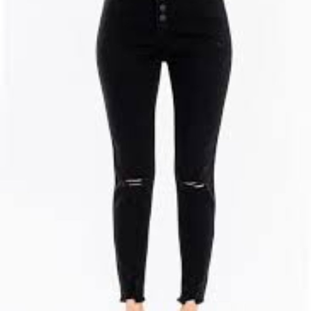 KanCan Estilo High Rise Exposed Button Fly Black Distressed Jeans Size 30